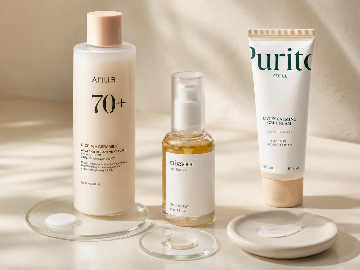 K-beauty textury toner esence a gel krém pro krátkou korejskou rutinu