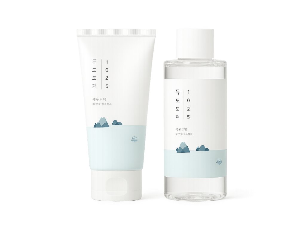 ROUND LAB 1025 Dokdo Cleanser a Dokdo Toner — produktová fotografie na bílém pozadí, čisté duo pro jemné denní čištění.