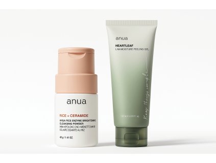 Výhodná sada Anua Rice Enzyme Brightening Cleansing Powder 40 g a Anua Heartleaf LHA Moisture Peeling Gel 120 ml – unisex duo pro čištění pórů a jemnou LHA exfoliaci.