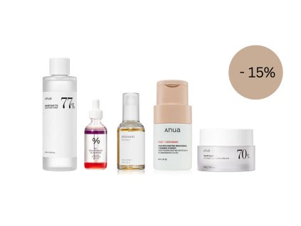 5krokový unisex set pro citlivou pleť – Anua Rice Enzyme Brightening Cleansing Powder 40 g, Anua Heartleaf 77% Soothing Toner 250 ml, mixsoon Bean Essence 50 ml, Plc Vita Liposome Oil Ampoule 50 ml a Anua Heartleaf 70 Intense Calming Cream 50 ml. Sleva - 15%.