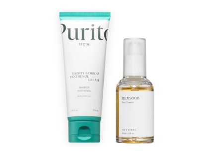 Hladší textura + panthenol komfort: Mixsoon Bean Essence a PURITO Mighty Bamboo Panthenol Cream pro klidnější pleť (AM/PM).