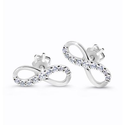 Infinity stud earrings in white gold with zircons, 14K