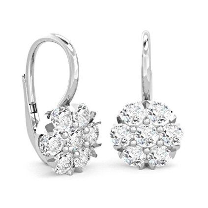 Flower pattern dangling earrings with zircons, 14K white gold