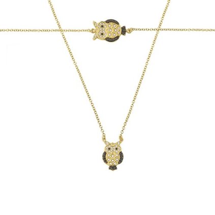 Zlatý set s príveskom sovy a kombinovanými zirkónmi, žlté zlato 14K