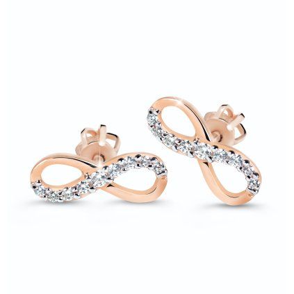 Infinity stud earrings in red gold with zircons, 14K
