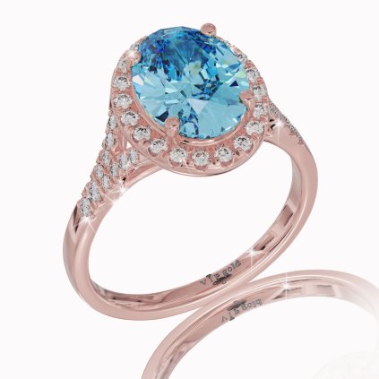 Luxusný prsteň s briliantmi a modrým topásom v červenom zlate 14K