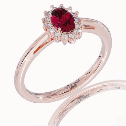 Prsteň s briliantmi a rubínom v červenom zlate 14k