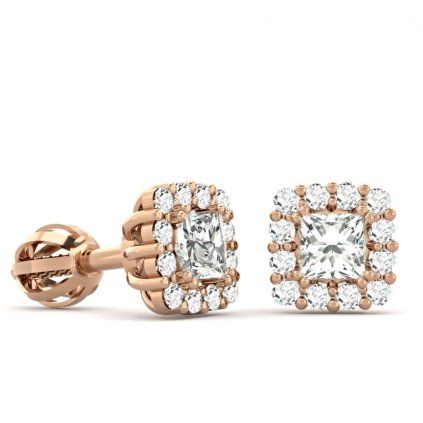 Square stud earrings with zircons, 14K red gold