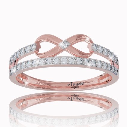 Zlatý prsteň nekonečno s bielymi zafírmi v červenom zlate 14K