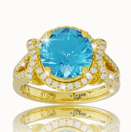 Zlatý prsteň s modrým a bielym topásom v žltom zlate 14K