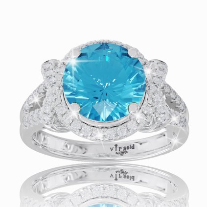 Unikátny diamantový prsteň s modrým topásom v bielom zlate 14K