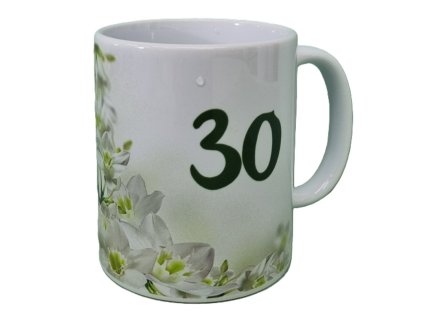 Hrnček keramický s potlačou "30" a bielymi kvetmi 330ml