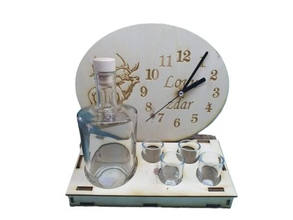 Hodiny s fľašou a 4 pohárikmi  Jeleň