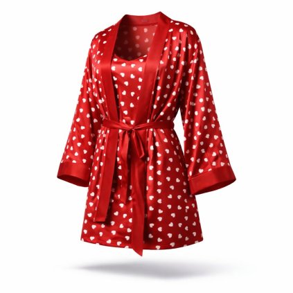 Valentine dámsky saténový župan so srdiečkami červený