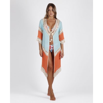 Summer bavlnený dámsky plážový kaftan modro-oranžový