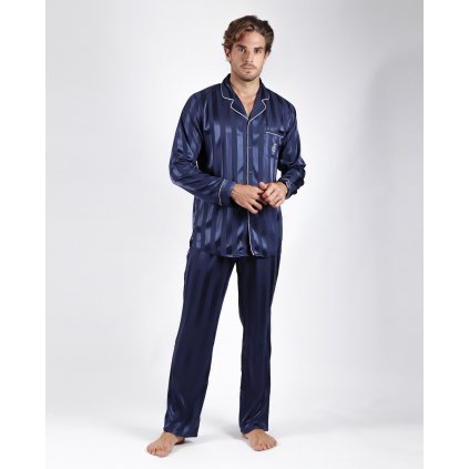 Satin Stripes - Pánske saténové pyžamo dlhé modré