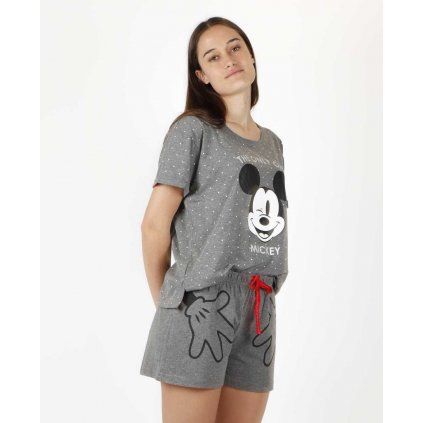 Dámske sivé krátke pyžamo s bodkami Mickey Mouse
