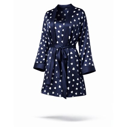 Valentine dámsky saténový župan so srdiečkami modrý