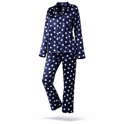 Valentine dámske saténové pyžamo dlhé modré so srdiečkami