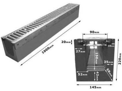 Odvodňovací žlaby BETONOVÝ zesílený pozink 1,5t (1000 x 145 x 220 mm)