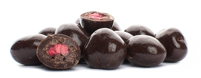 Lyofilizované maliny v hořké čokoládě - čelně