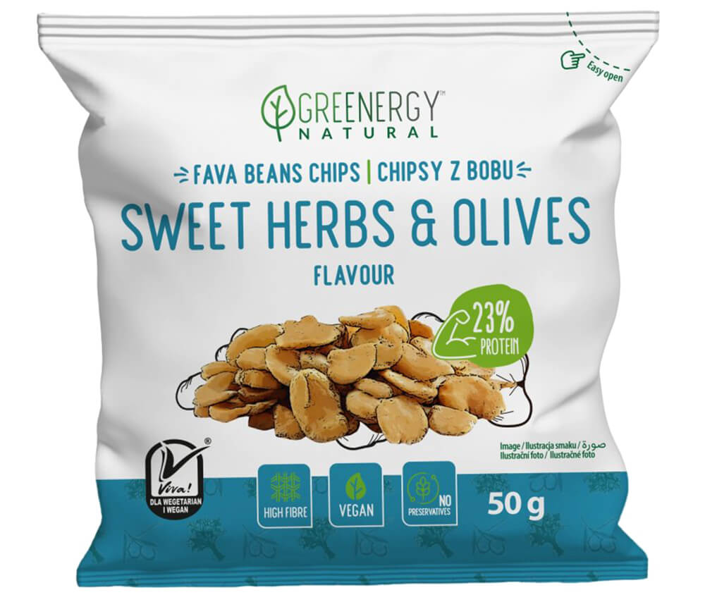 Greenergy Fava Chips s příchutí sladkých bylinek a oliv 50 g