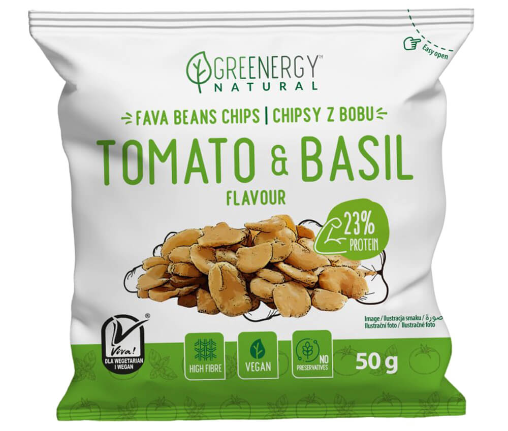 Greenergy Fava Chips s příchutí rajčat a bazalky 50 g