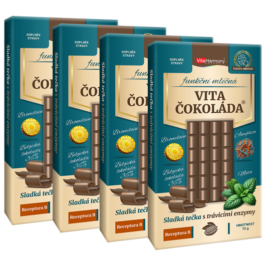 4 ks za cenu 3 ks- Funkční VitaČokoláda® - Receptura B - (bromelain, amyláza, máta) - mléčná, 70g