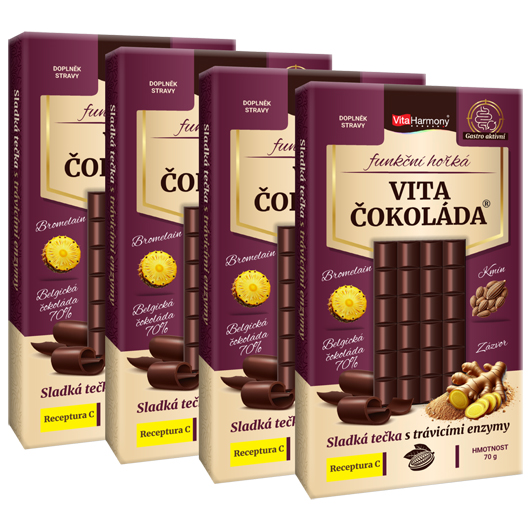 4 ks za cenu 3 ks - Funkční VitaČokoláda® - Receptura C - (bromelain, kmín, zázvor) - hořká, 70g