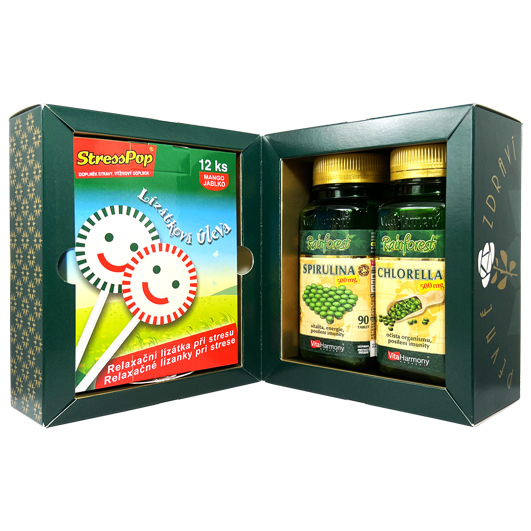 Dvojbalení s dárkem: Spirulina 500 mg (90 tbl.) + Chlorella 500 mg (90 tbl.) + StressPop® (12 ks) zdarma