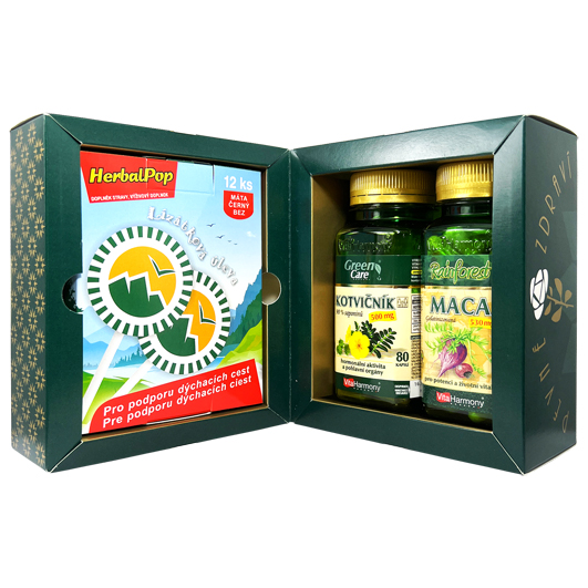 Dvojbalení s dárkem: Maca 530 mg (90 cps.)+ Kotvičník 500 mg(80 cps.) + HerbalPop® (12 ks) zdarma