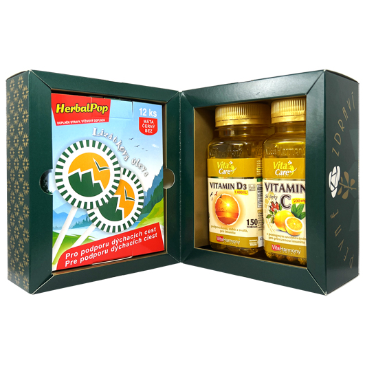 Dvojbalení s dárkem: Vitamin D3 1.000 m.j. (150 tob.) + Vitamin C 500 mg se šípky s postupným uvolňováním (60 cps.) + HerbalPop® (12 ks) zdarma
