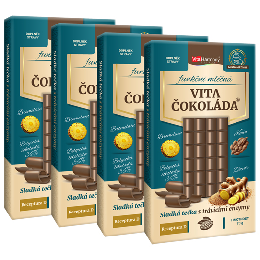 Funkční VitaČokoláda® - Receptura D - (bromelain, kmín, zázvor) - mléčná, 70 g Obsah: 4x70g-stejný druh