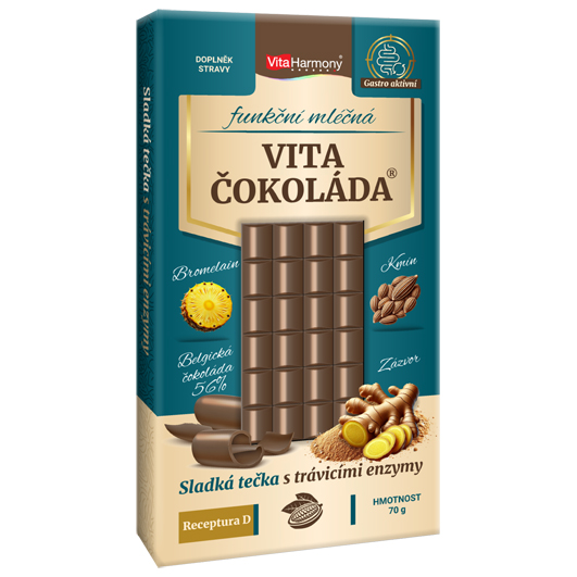 Funkční VitaČokoláda® - Receptura D - (bromelain, kmín, zázvor) - mléčná, 70 g Obsah: 70 g