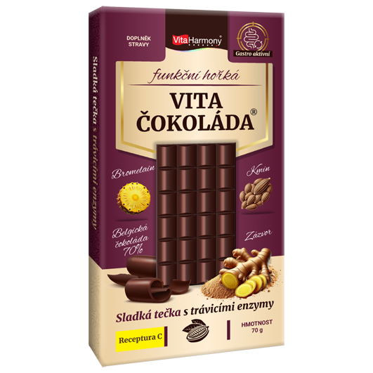 Funkční VitaČokoláda® - Receptura C - (bromelain, kmín, zázvor) - hořká, 70g Obsah: 70 g