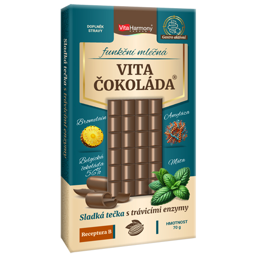 Funkční VitaČokoláda® - Receptura B - (bromelain, amyláza, máta) - mléčná, 70g Obsah: 70 g