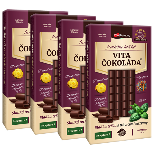 Funkční VitaČokoláda® - Receptura A - (bromelain, amyláza, máta) - hořká, 70g Obsah: 4x70g-stejný druh