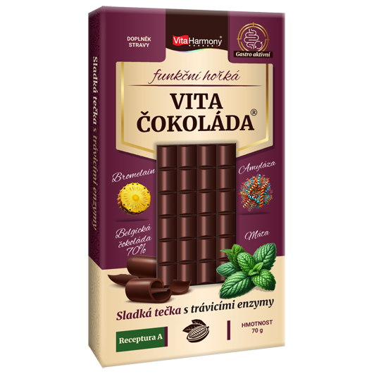 Funkční VitaČokoláda® - Receptura A - (bromelain, amyláza, máta) - hořká, 70g Obsah: 70 g