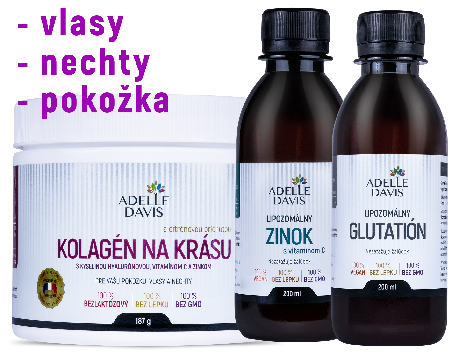 Adelle Davis - Balíček krása, vlasy, nechty (Adelle Davis lipozomálny zinok 200ml, Adelle Davis lipozomálny glutatión, Adelle Davis kolagén na krásu 187g)