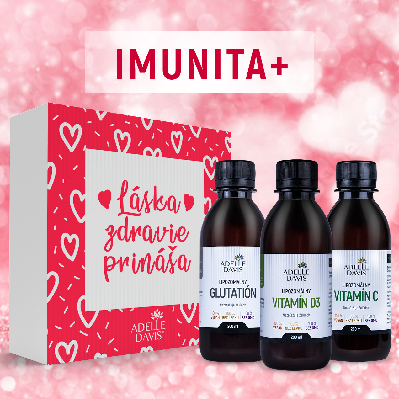 E-shop Adelle Davis Láska Zdravie Prináša - balíček IMUNITA+ (Lipozomálny vitamín D3, 200ml; Lipozomálny vitamín C, 200ml; Lipozomálny Glutatión, 200ml)