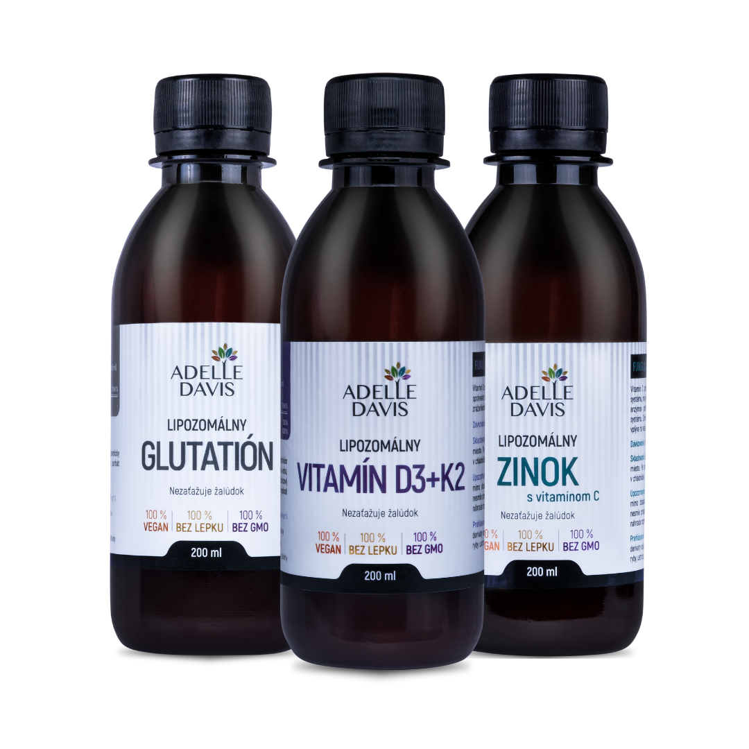 Adelle Davis Vitalita TRIO - D3+K2/Zinok/Glutation - (Adelle Davis lipozomálny vitamín D+K2 200ml, Adelle Davis lipozomálny glutatión 200ml, Adelle Davis lipozomálny zinok 200ml)