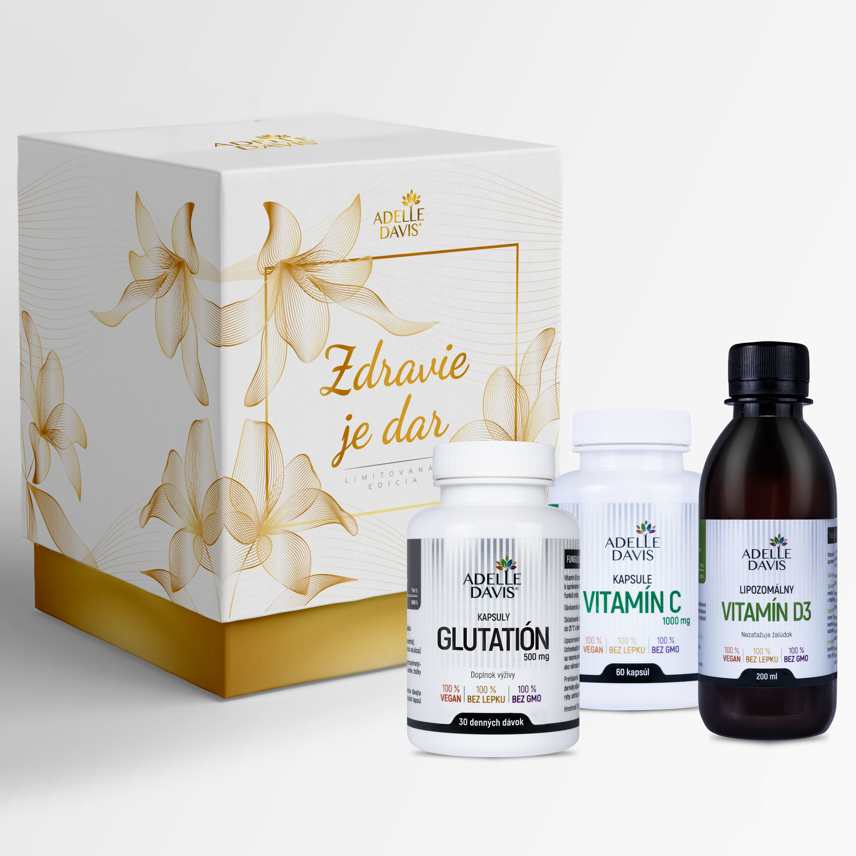 Adelle Davis Darčekový balíček IMUNITA (Adelle Davis lipozomálny vitamín D3 200ml, Adelle Davis glutatión 60 kapsúl, Adelle Davis vitamín C 1000mg 60 kapsúl)