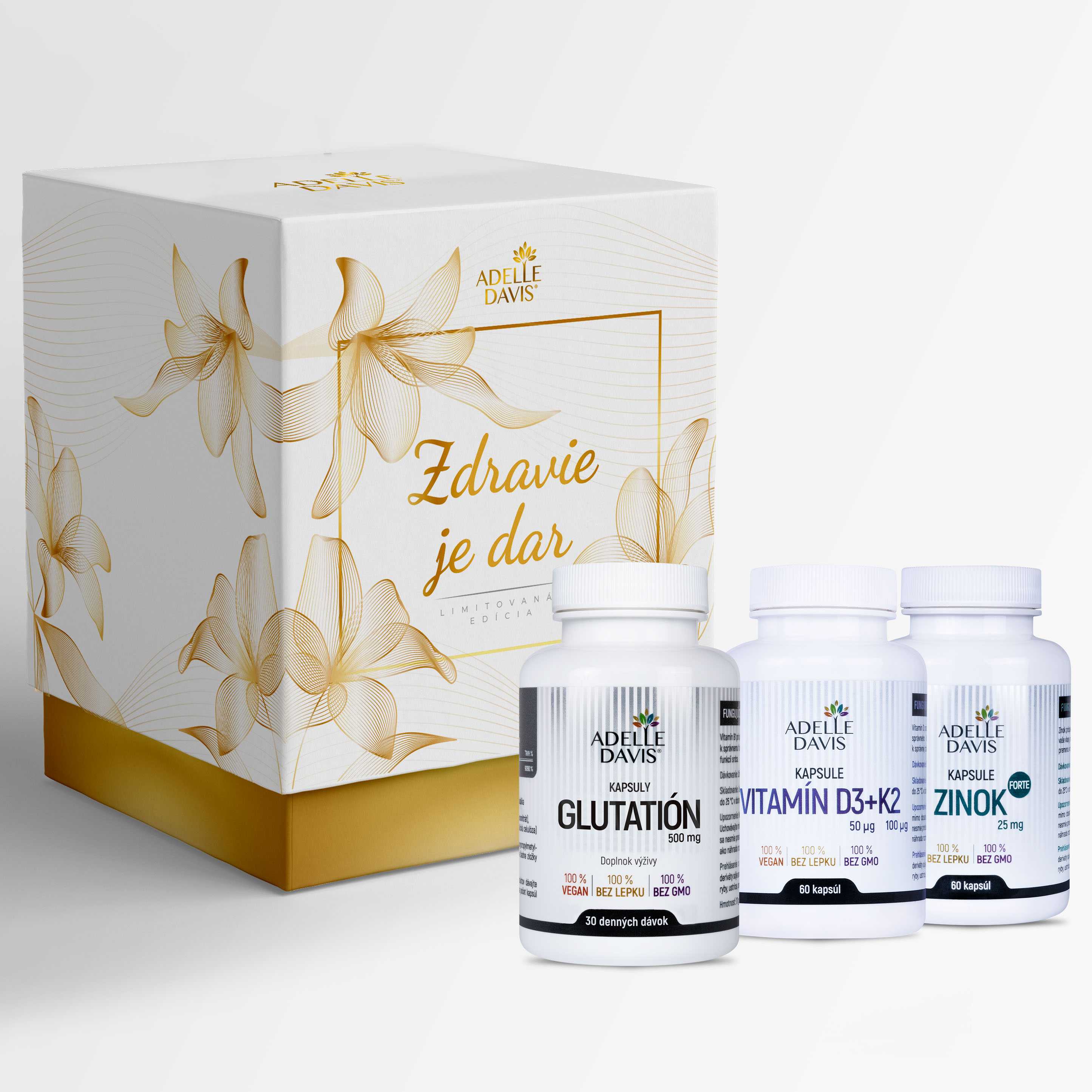 E-shop Adelle Davis Darčekový balíček IMUNITA+ (Adelle Davis vitamín D3+K2 60 kapsúl, Adelle Davis glutatión 60 kapsúl, Adelle Davis - Zinok Forte, 25 mg, 60 kapsúl)