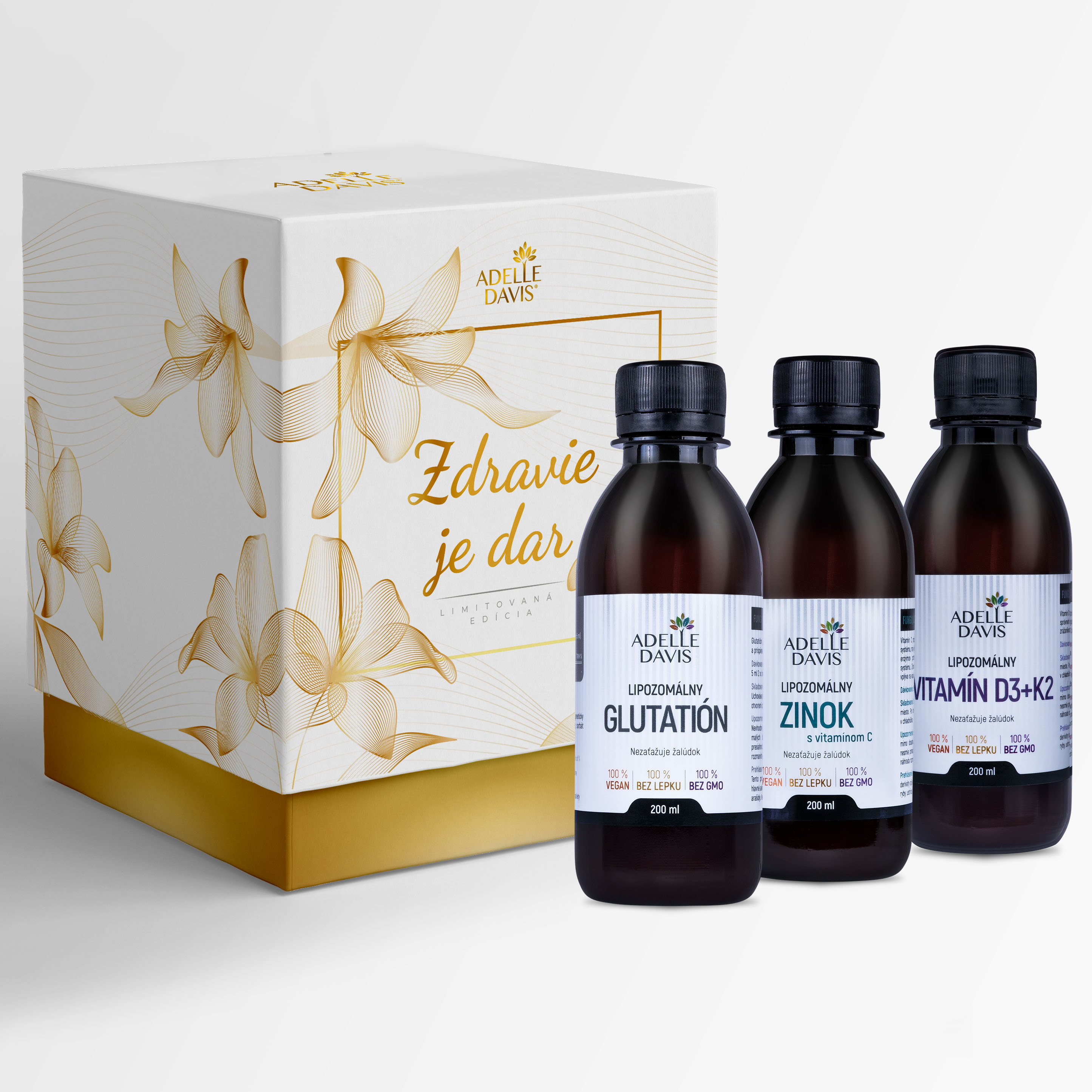 Adelle Davis Darčekový balíček IMUNITA+Lipo (Adelle Davis lipozomálny vitamín D3+K2 200ml, Adelle Davis lipozomálny glutatión 200ml, Adelle Davis lipozomálny zinok 200ml)