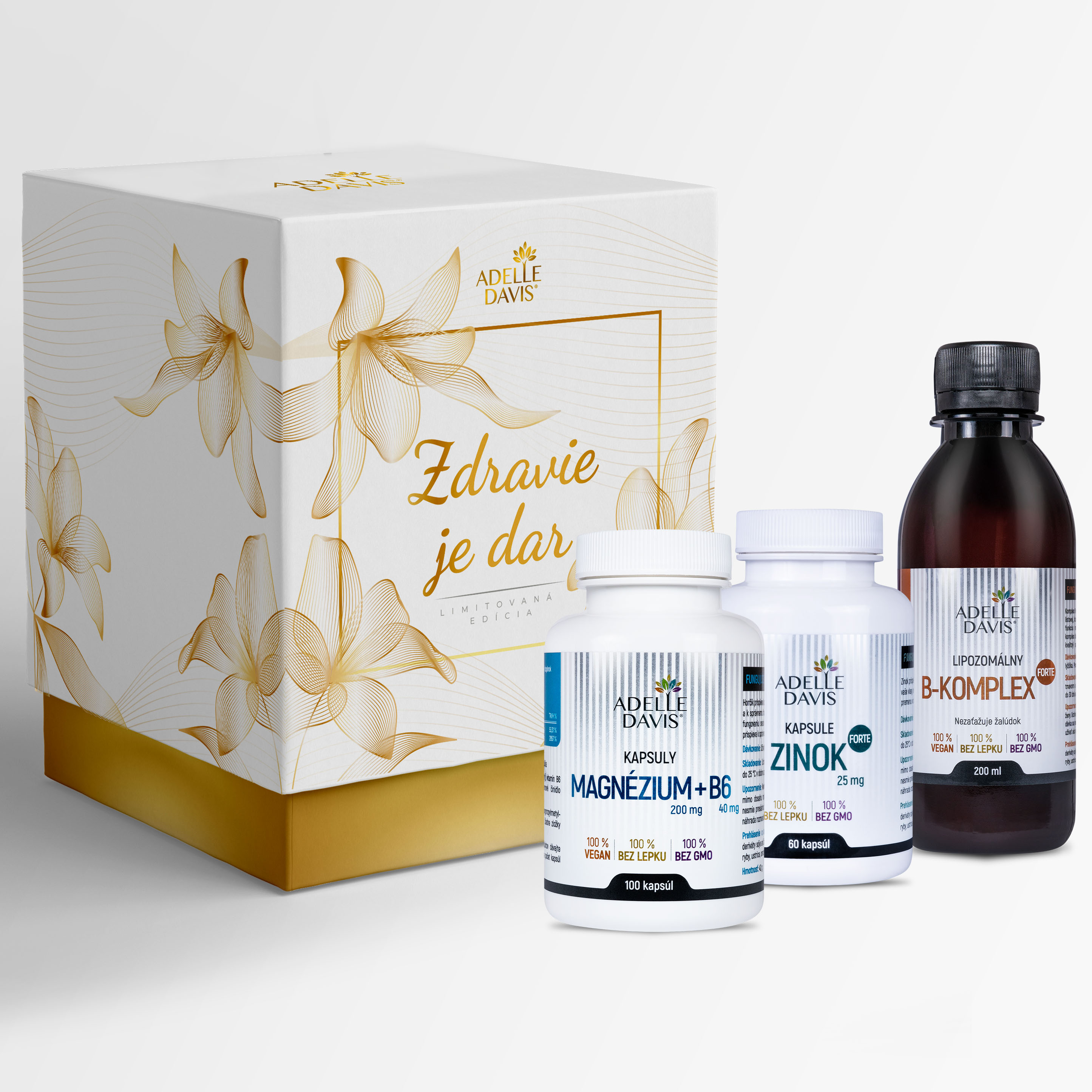 Adelle Davis Darčekový balíček SRDCE (Adelle Davis - Magnézium, 200 mg a B6 40mg, 100 kapsúl, Adelle Davis - Lipozomálny B-komplex Forte, 200 ml, Adelle Davis - Zinok Forte, 25 mg, 60 kapsúl)