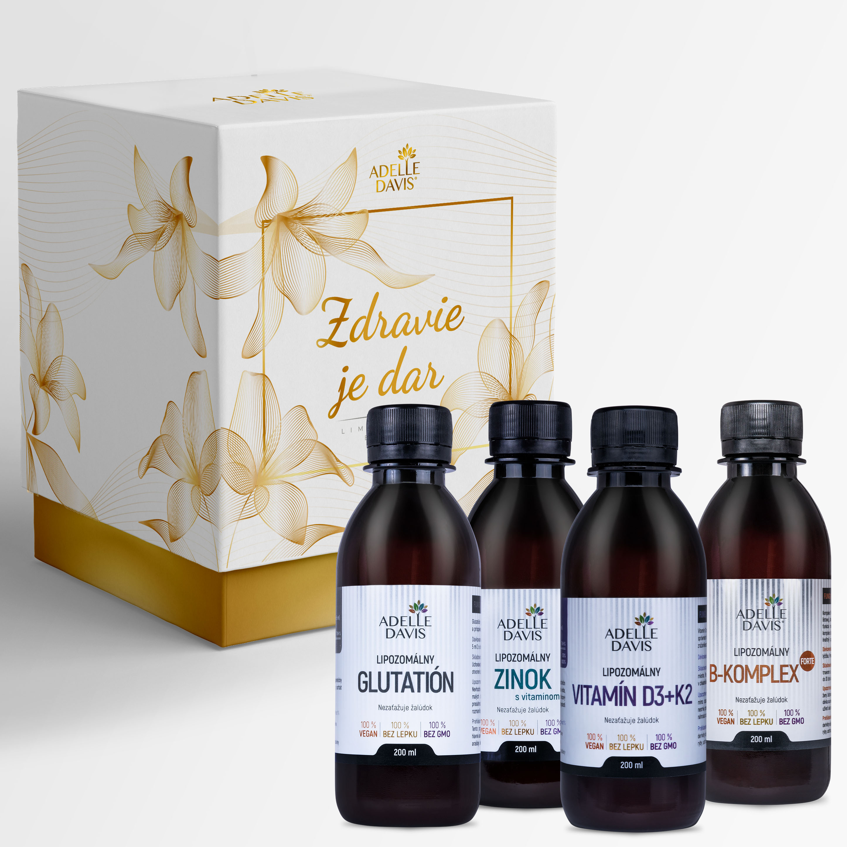 E-shop Adelle Davis Darčekový balíček ZDRAVIE (lipozomálny vitamín D3+K2 200ml, lipozomálny glutatión 200ml, Lipozomálny B-komplex 200ml, lipozomálny zinok 200ml)