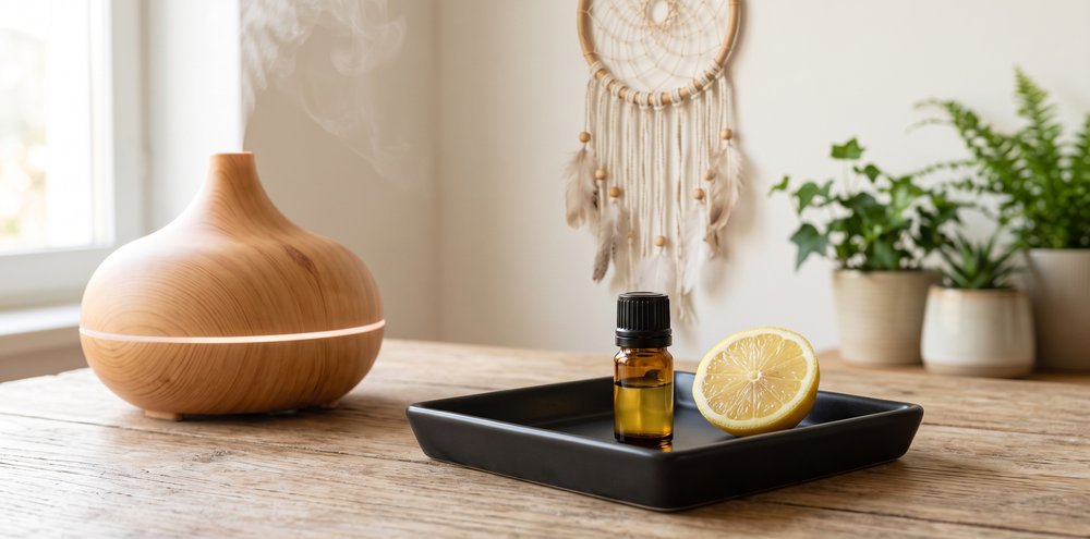 Přírodní únik od stresu. Elegantní dřevěný aromadifuzér a esenciální olej z citronu pro klidnou mysl a svěží domov.