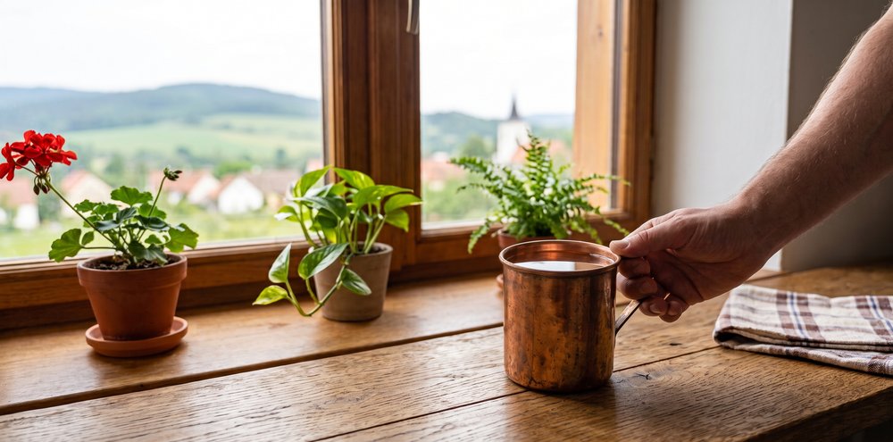 Měděný hrnek Nature's Own s čistou vodou na dřevěném parapetu