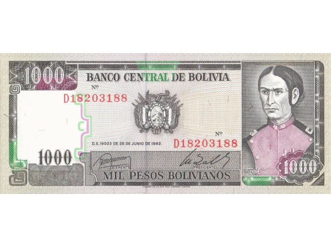 1000 Pesos Bolivianos 1982 P167a (3) Series D UNC (A)