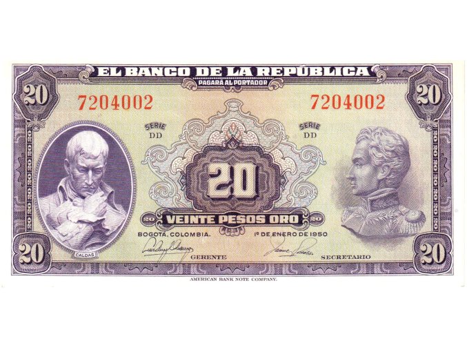 20 Pesos oro 1.1. 1950 P392d (B926e) Serie DD UNC (A)